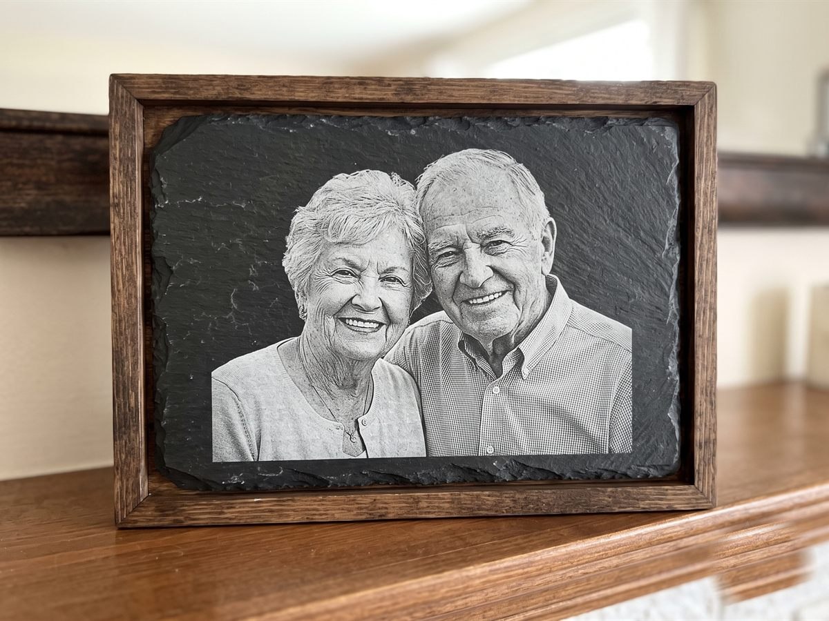 Photo portrait laser-engraved onto framed slate