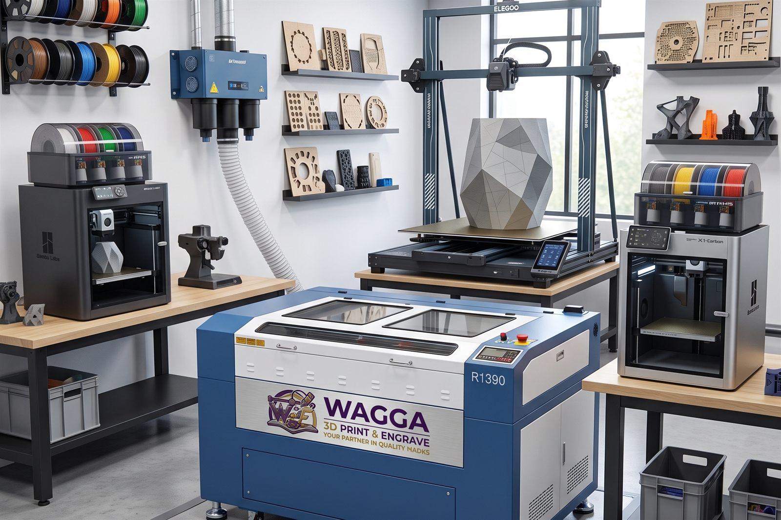 The Wagga 3D Print & Engrave workshop — CO2 laser cutter, 3D printers, filament and sample work